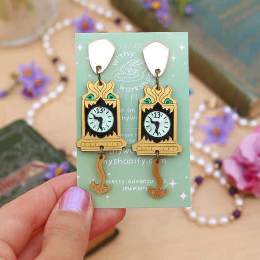 Creepy Clock in Gold Earrings
