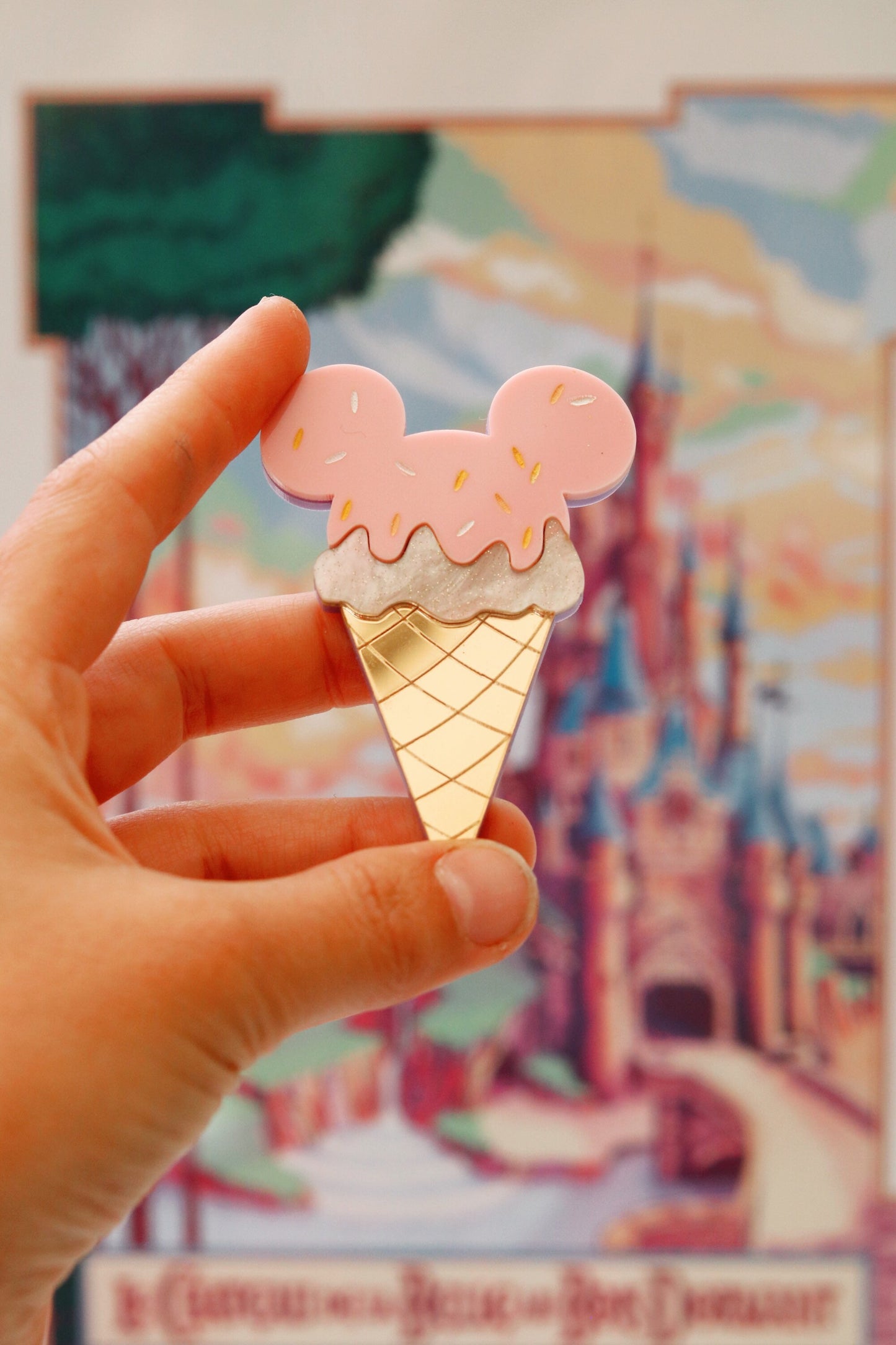 Mickey Ice Cream Brooch Strawberry Pink