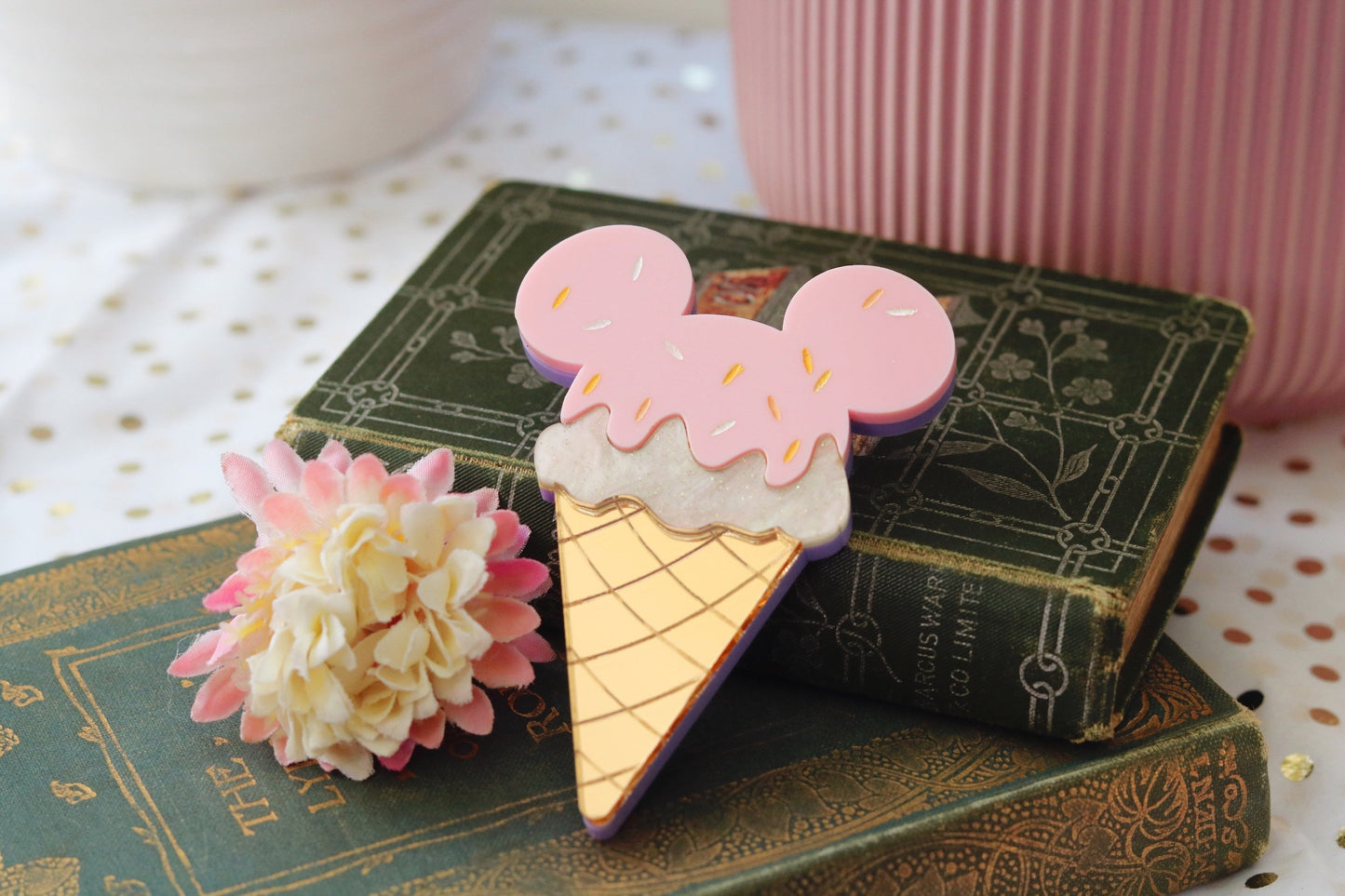 Mickey Ice Cream Brooch Strawberry Pink