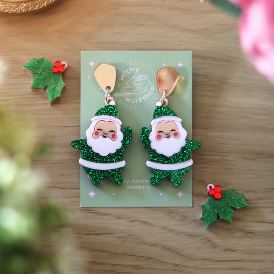 Vintage Santa Earrings Glittery Green