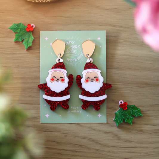 Vintage Santa Earrings Glittery Red