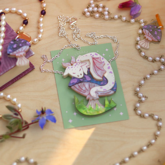 Mushroom Dragon (white and purple) Brooch or Necklace