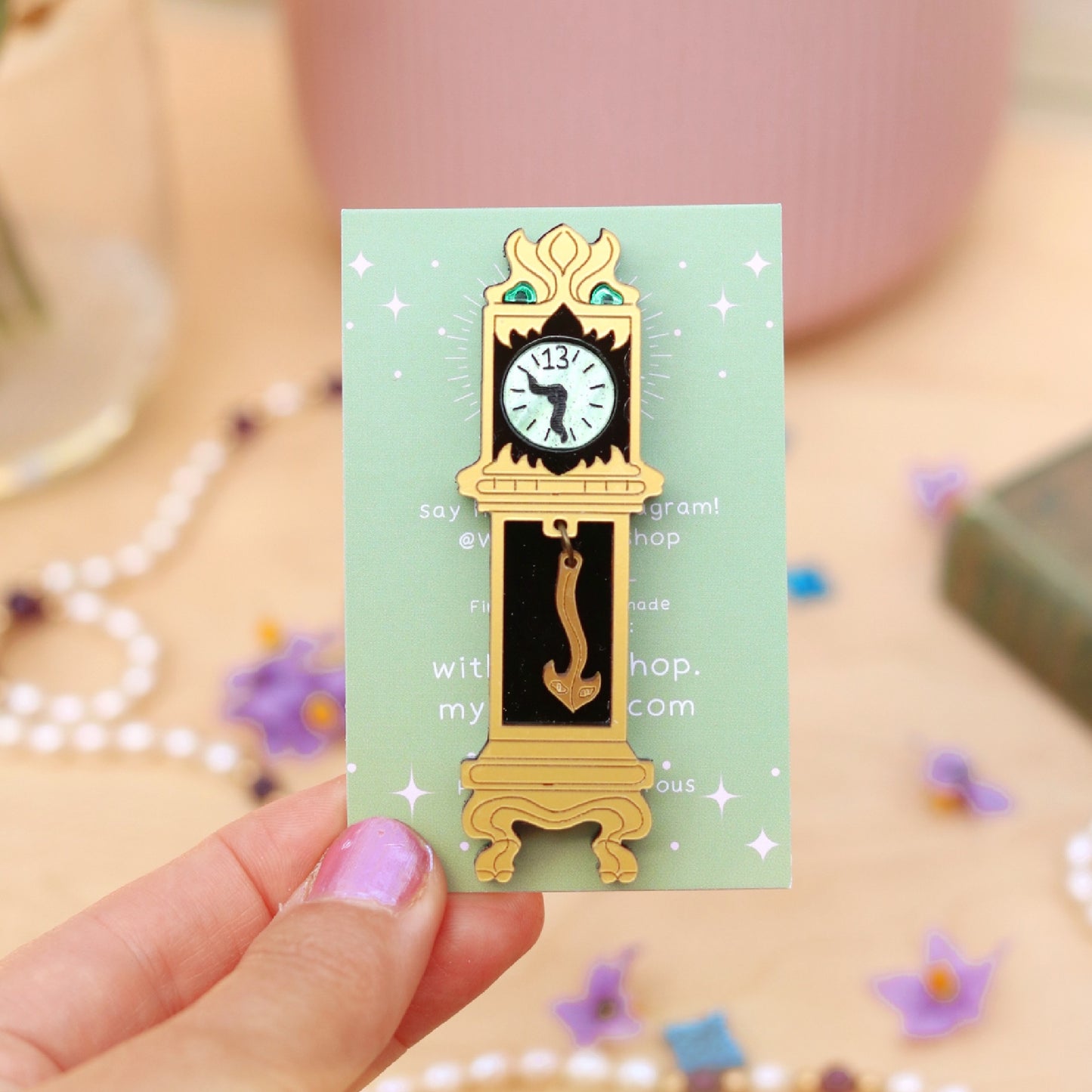 Creepy Clock in Gold Brooch