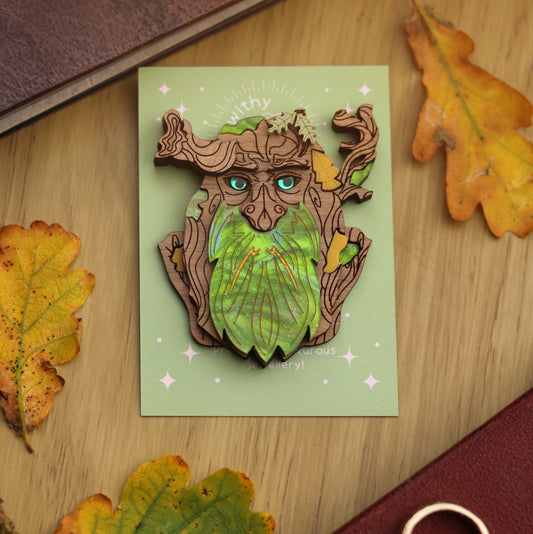 Bearded-Tree Acrylic and Wooden Brooch