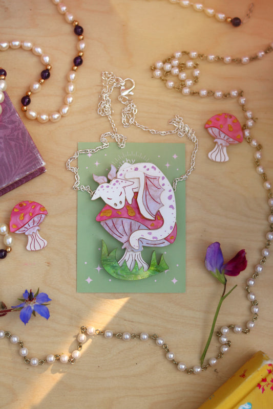 Mushroom Dragon (white and pink) Brooch or Necklace