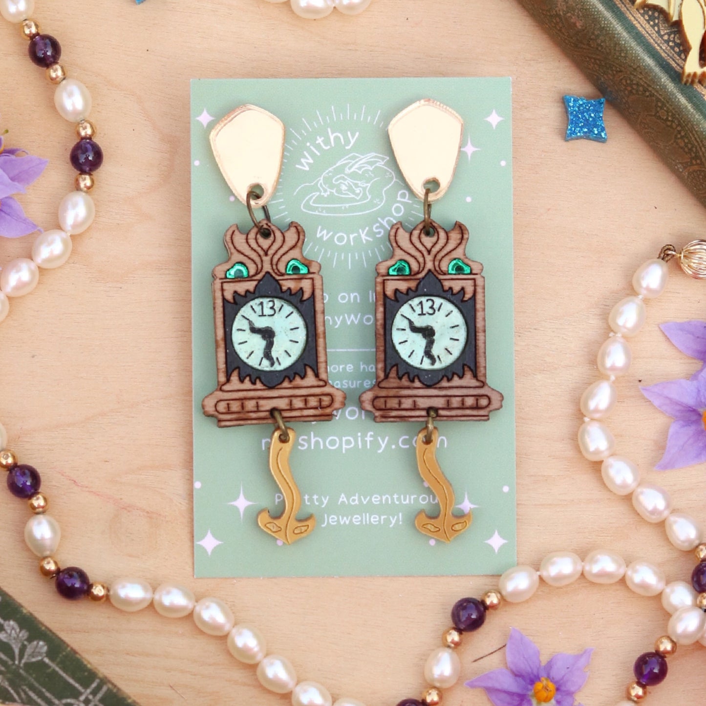 Creepy Clock in Walnut Earrings
