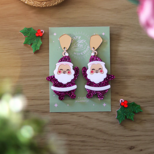 Vintage Santa Earrings Glittery Purple
