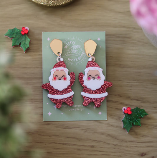 Vintage Santa Earrings Glittery Salmon Pink