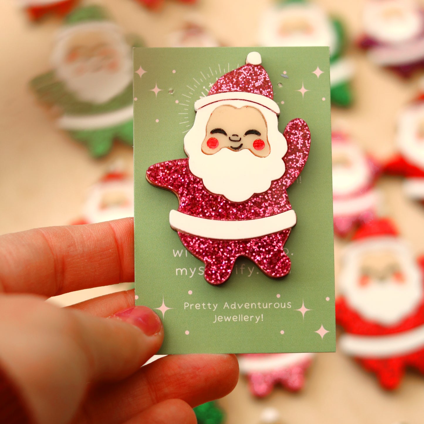 Vintage Santa Brooch Glittery Pink