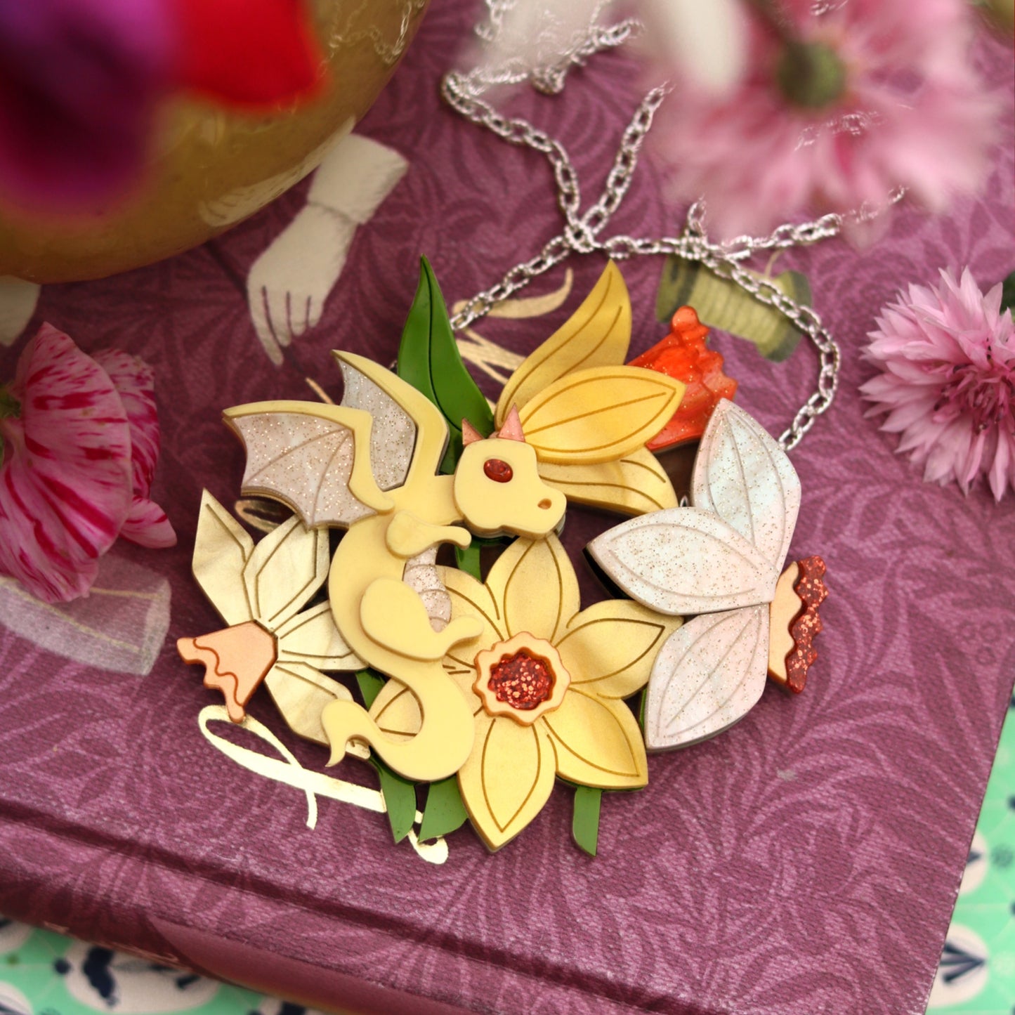 Daffodil Dragon Acrylic Necklace